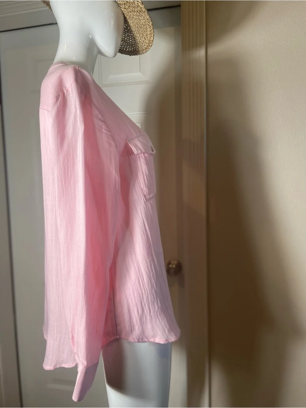 Kori~Light Pink-1/2 Button-Front~Popover~Blouse~Long Sleeve~Chest Pockets~Size L
